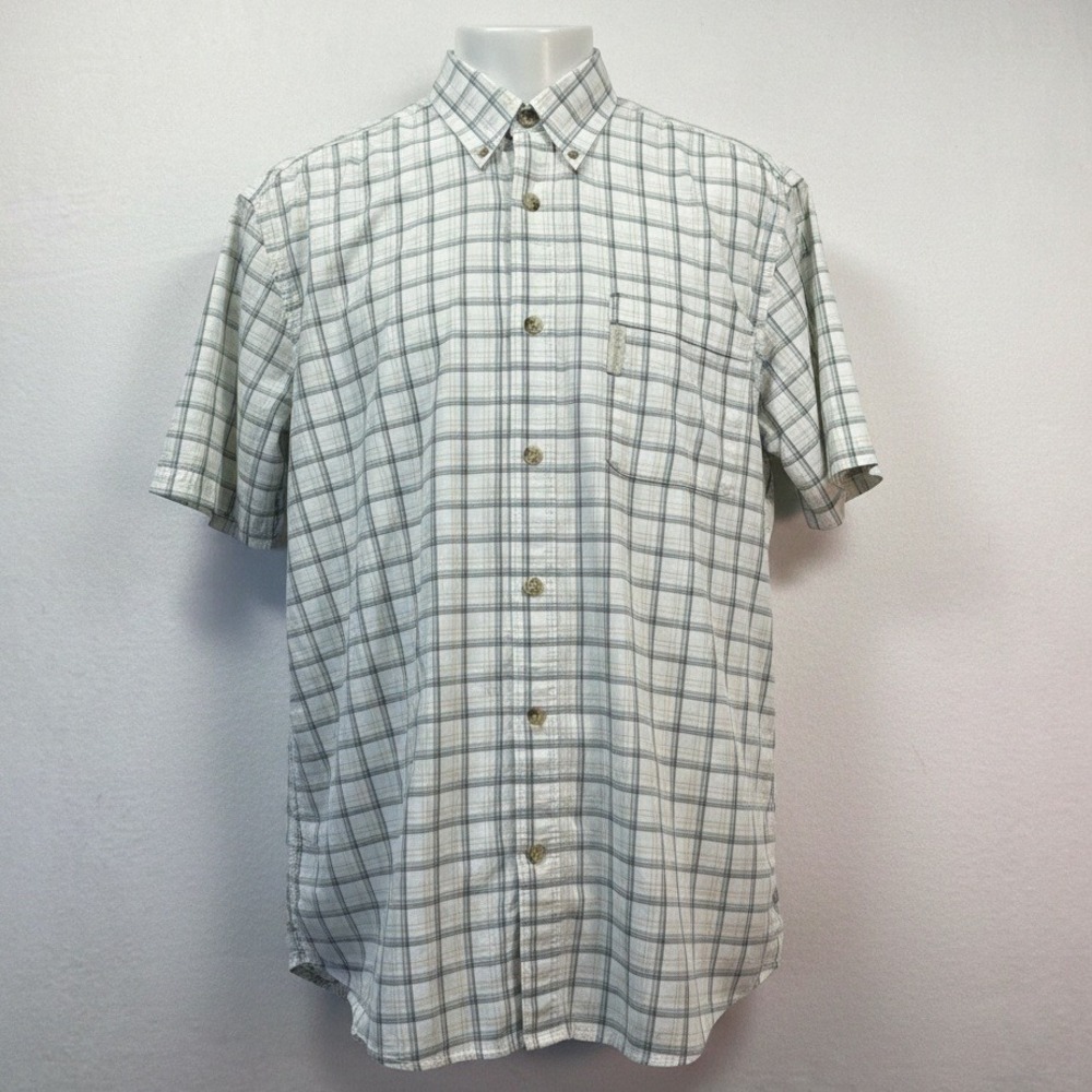 Columbia Button Down Shirt Mens Medium White‎ Grey Yellow Plaid AM7889